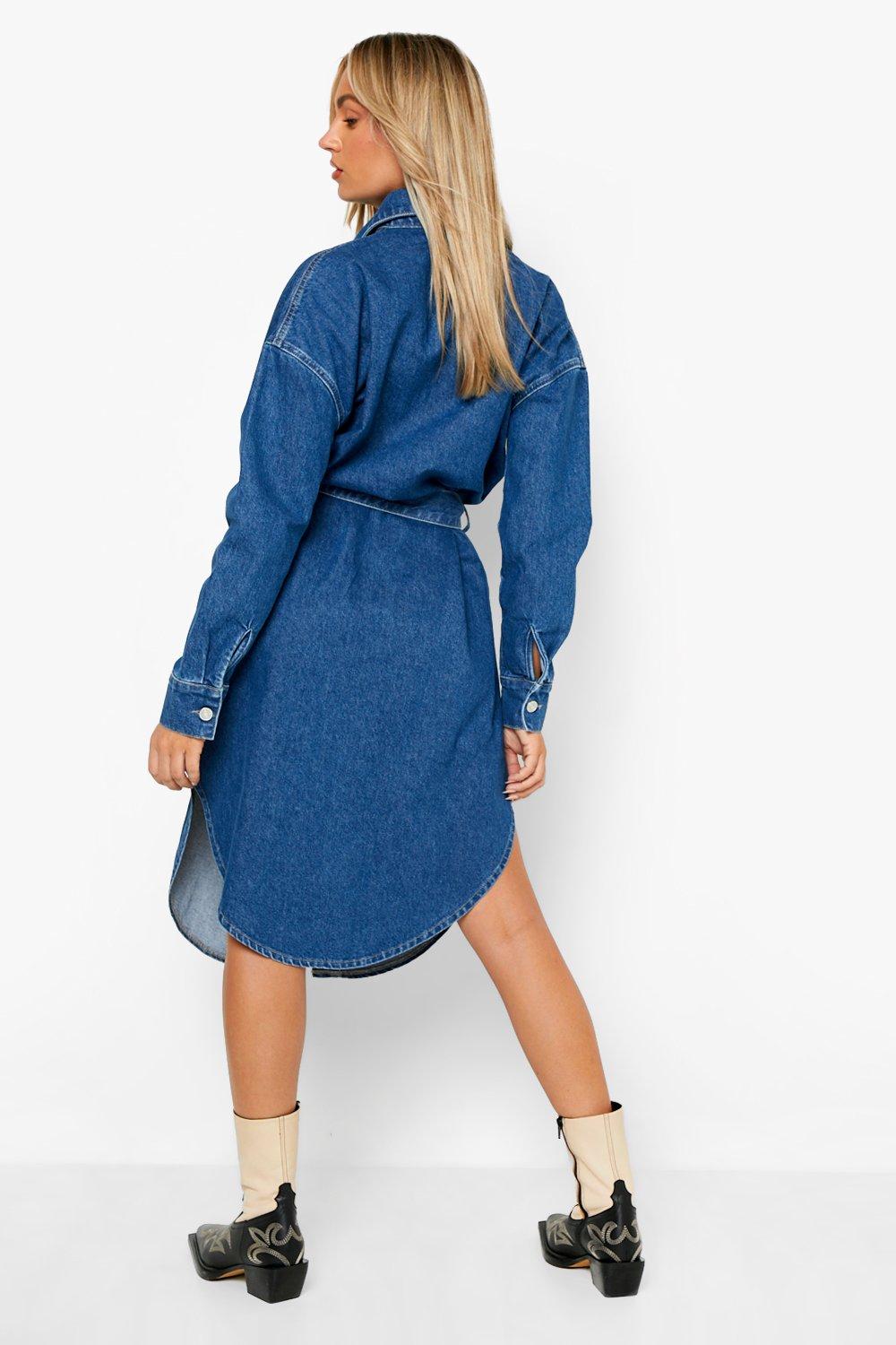 Blue belted midi denim dress hotsell